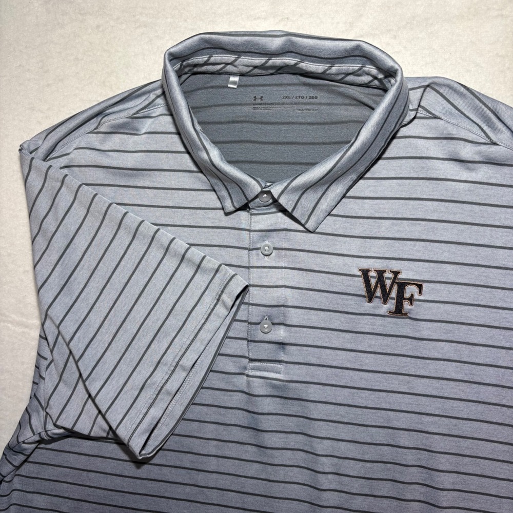 Under Armour Wake Forest University Polo Shirt Mens 2XL Grey Striped HeatGear